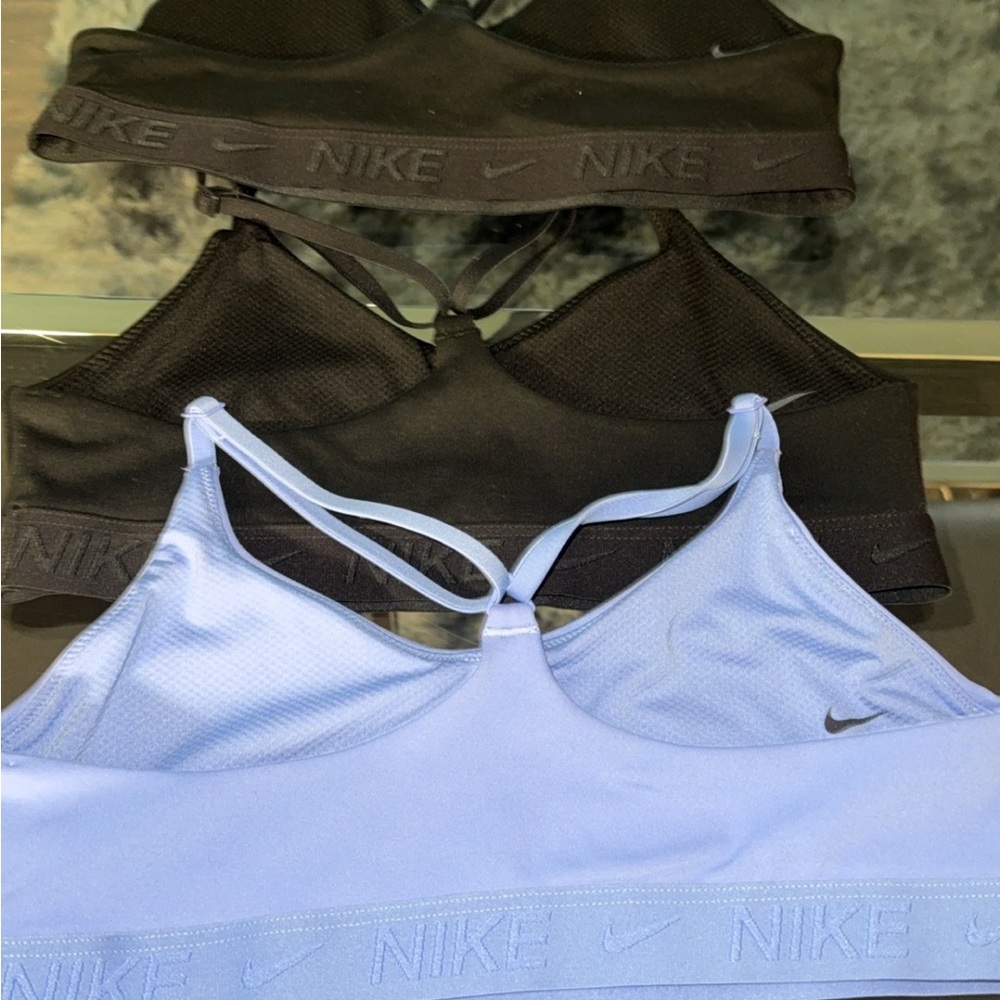 3 Nike Girl’s XL Sports Bra- 2 Black and 1 Light Blue - Picture 2 of 4